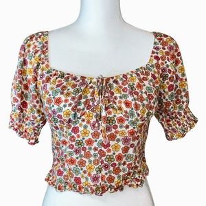 SO Smocked Floral Square Neck Crop Top 70s Ditsy Hippie Boho Feminine Girly Cute